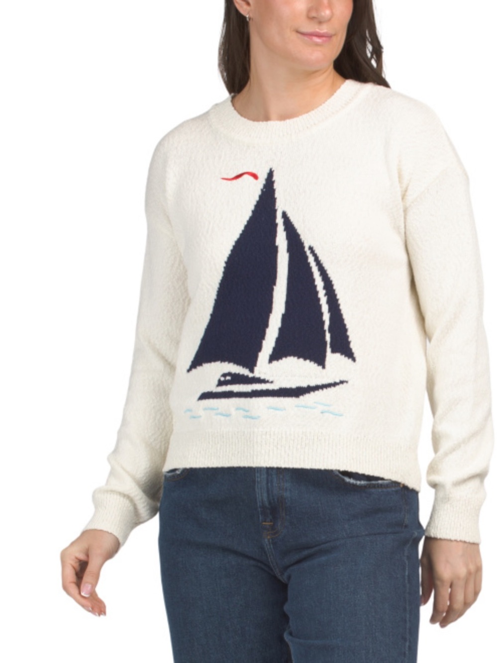 NWT Marled Cream Sailboat Knit Cozy Pullover Sweater - S